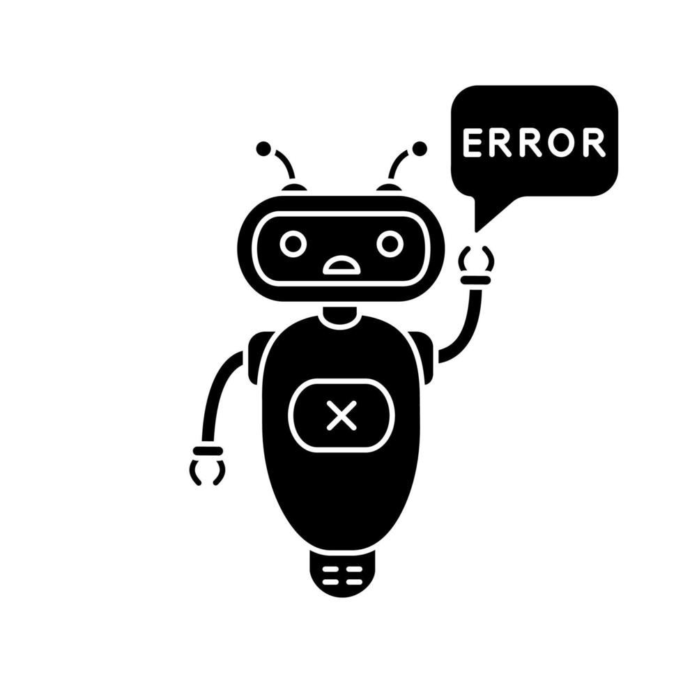 Error chatbot glyph icon. Silhouette symbol. Talkbot with error in speech bubble. Online customer support. Virtual assistant. Modern robot. Negative space. Vector isolated illustration