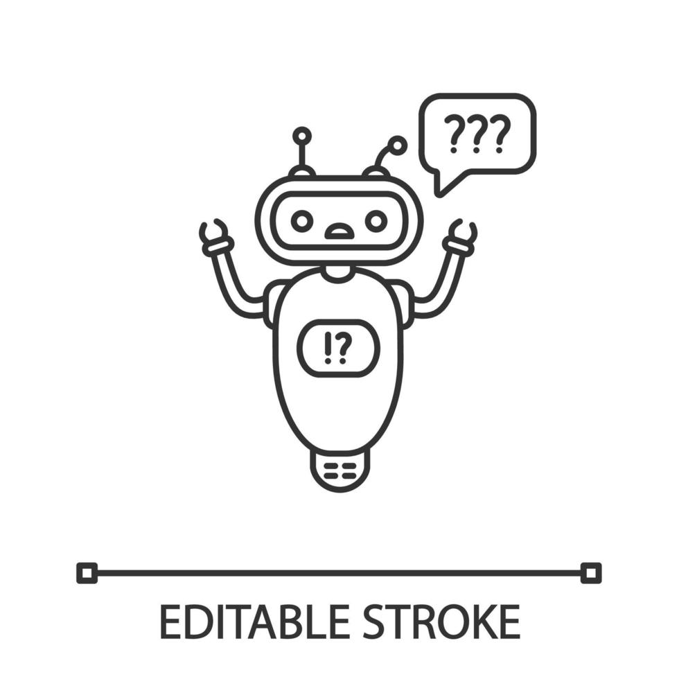 Help chatbot linear icon. Thin line illustration. FAQ chat bot. Bewildered robot with question marks in speech bubble. Contour symbol. Vector isolated outline drawing. Editable stroke