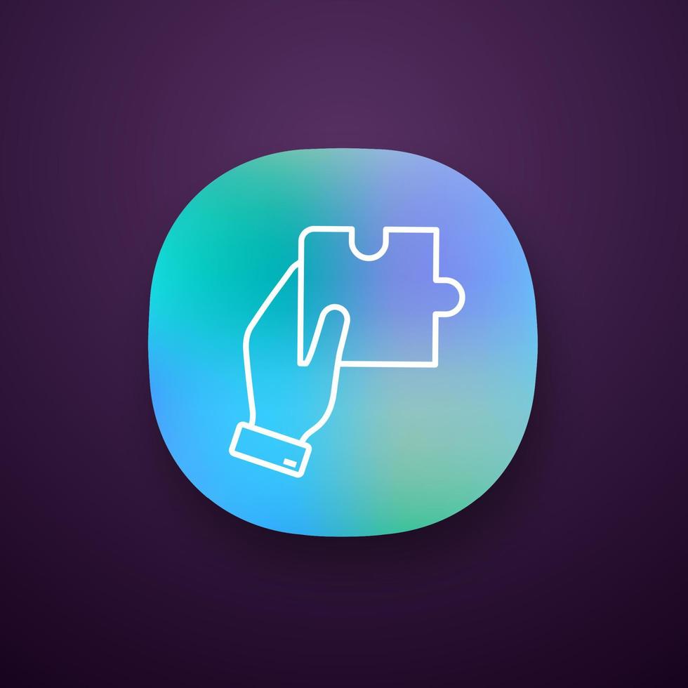 Finding solution app icon. UI UX user interface. Problem solving. Teamwork. Hand holding puzzle. Web or mobile application. Vector isolated illustration