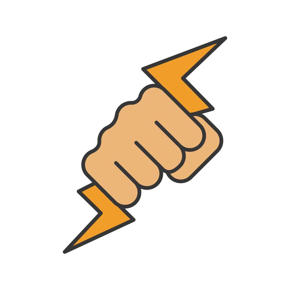 Hand holding lightning bolt color icon. Power fist. Electric energy. Zeus hand. Isolated vector illustration