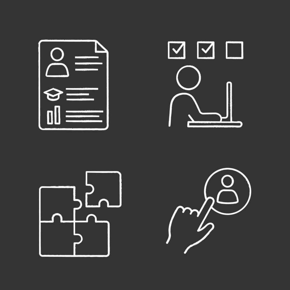 Business management chalk icons set. Resume, online training, solution searching, staff hiring button. Isolated vector chalkboard illustrations