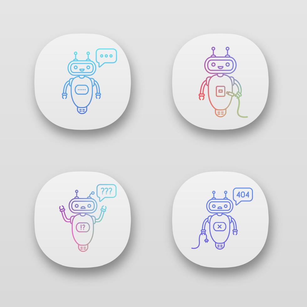 Chatbots app icons set. UI UX user interface. Talkbots. Virtual assistants. Typing, USB, question, not found chat bots. Modern robots. Web or mobile applications. Vector isolated illustrations