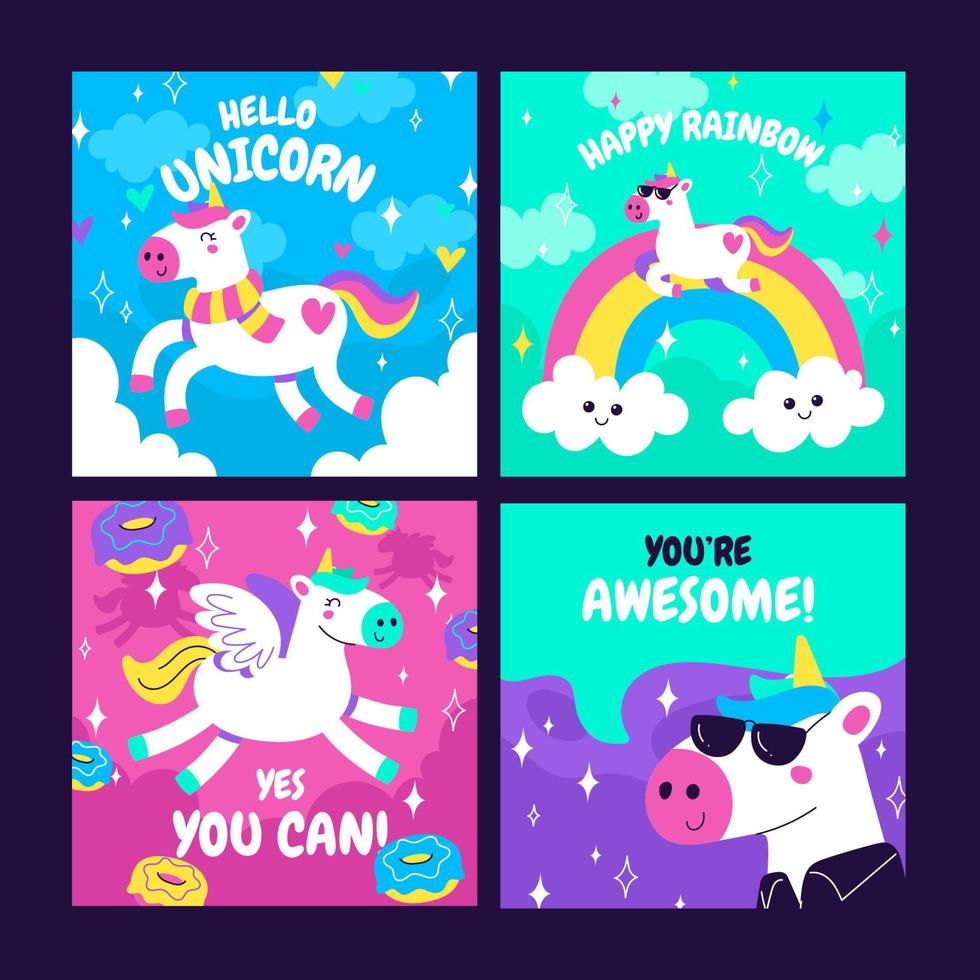 lindo conjunto de plantillas de redes sociales de unicornio vector