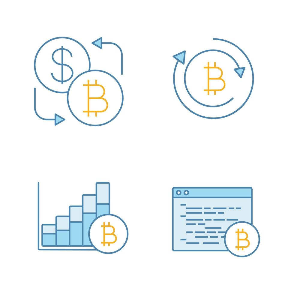 Conjunto de iconos de color de criptomoneda bitcoin. cambio de moneda, reembolso de bitcoins, tabla de crecimiento del mercado, software de minería. ilustraciones vectoriales aisladas vector