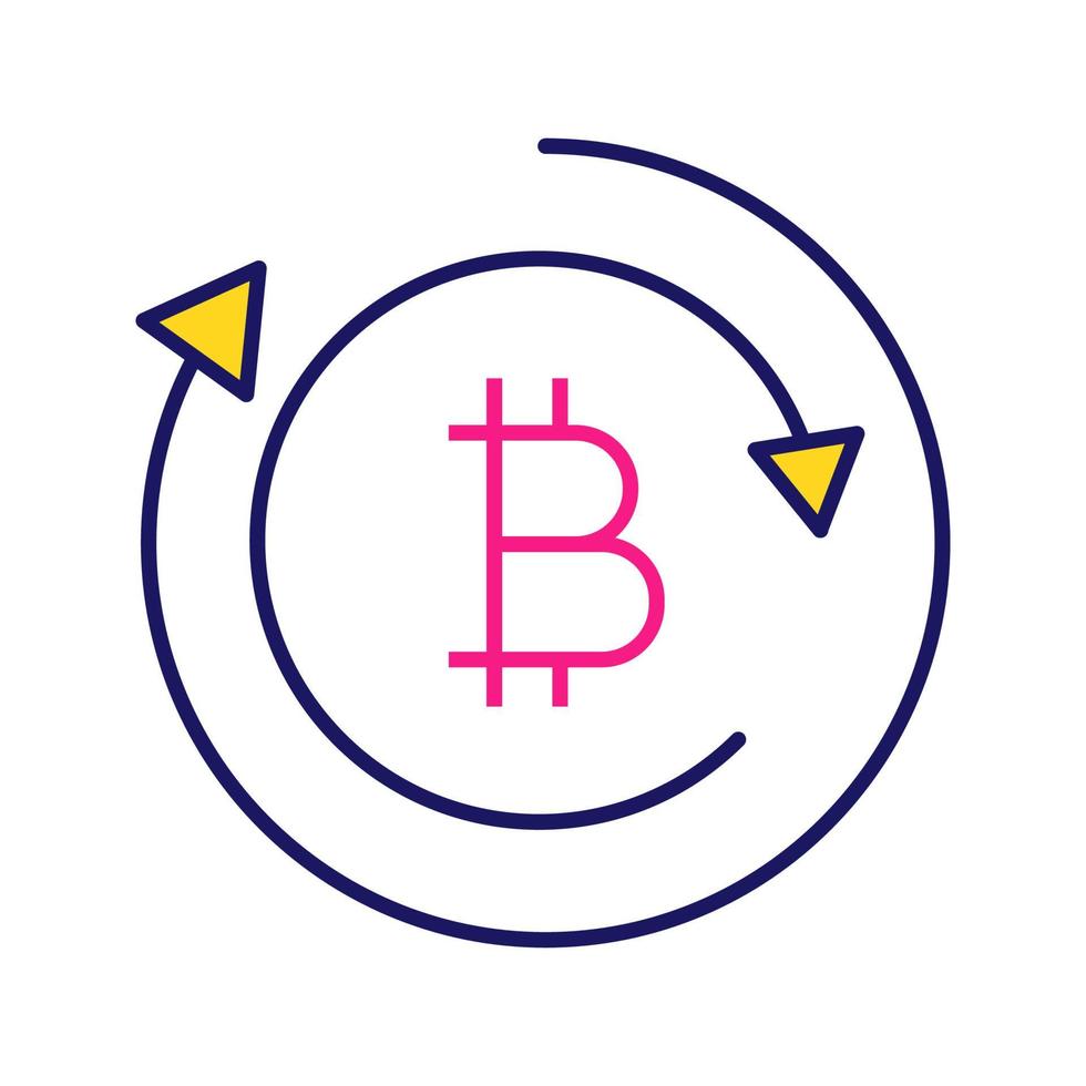 Bitcoin exchange color icon. Digital currency transaction. Cryptocurrency mining. Bitcoin coin with arrows. Isolated vector illustration