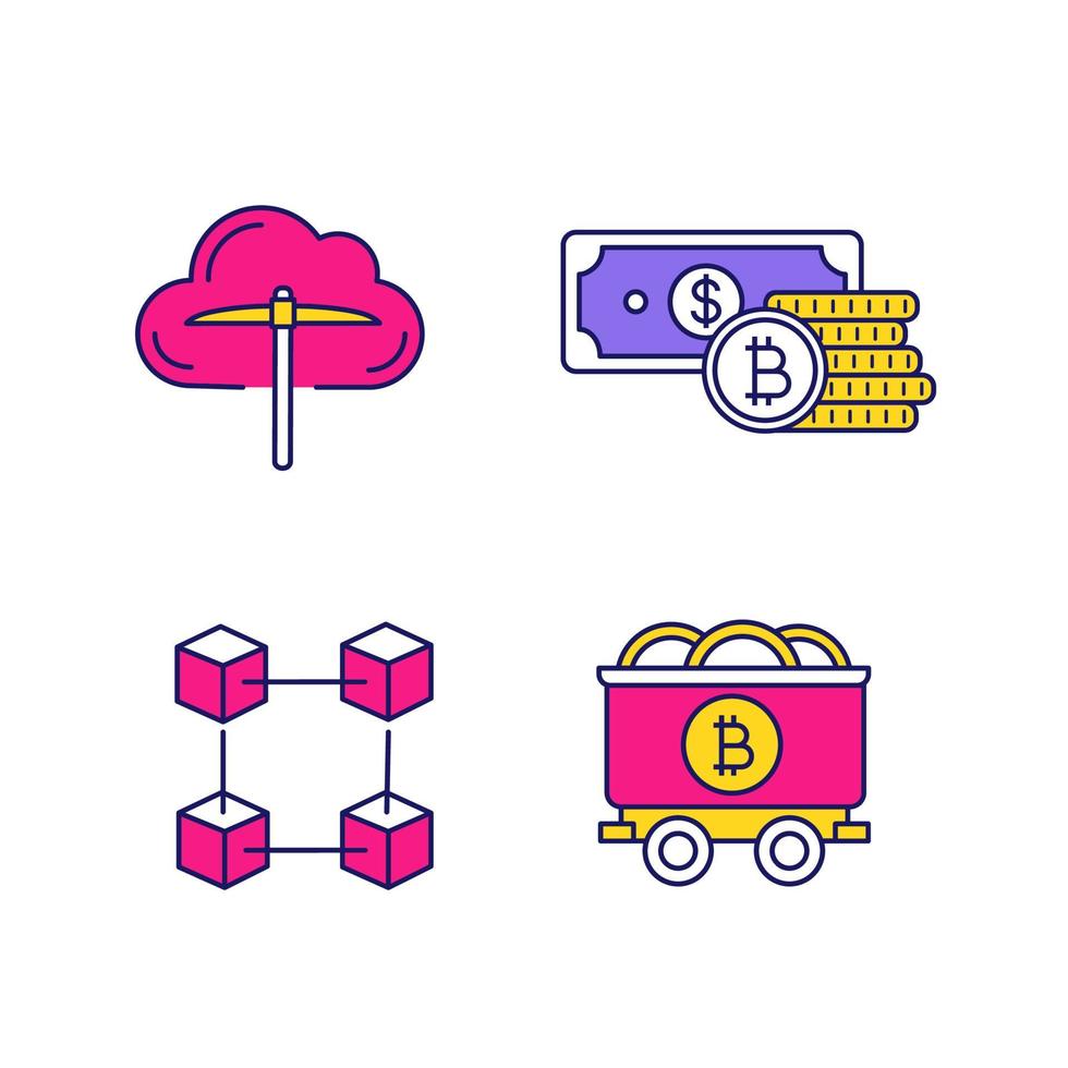 Bitcoin cryptocurrency color icons set. Cloud mining, savings, blockchain, mine cart with bitcoin coins. Isolated vector illustrations