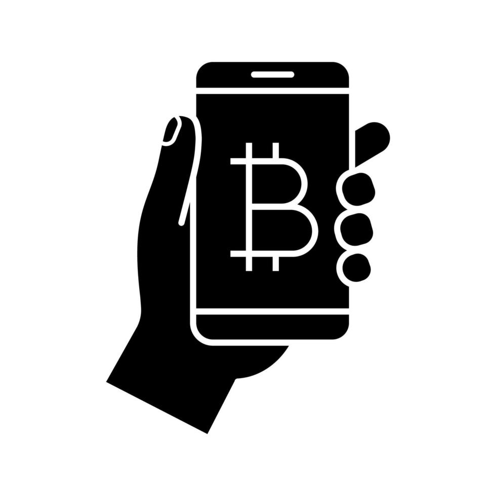 Bitcoin digital wallet glyph icon. E-payment. Cryptocurrency. Negative space. Hand holding smartphone with bitcoin sign. Digital money transaction app. Vector isolated illustration