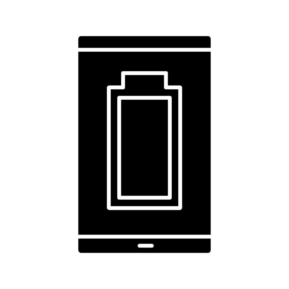 Fully charged smartphone battery glyph icon. Mobile phone charge completed. Battery level indicator. Silhouette symbol. Negative space. Vector isolated illustration