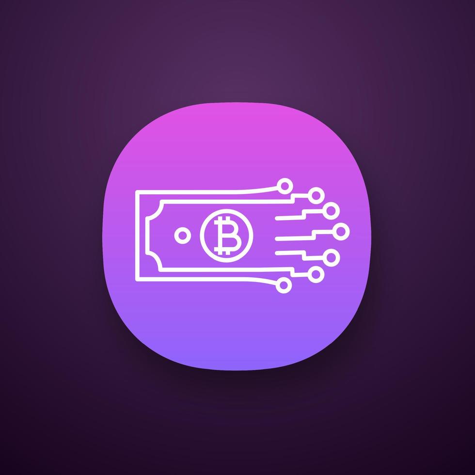 Digital money app icon. Bitcoin. Cryptocurrency. E-payment. UI UX user interface. Paper money with chipset pathway. Crypto currency. E-money. Web or mobile application. Vector isolated illustration