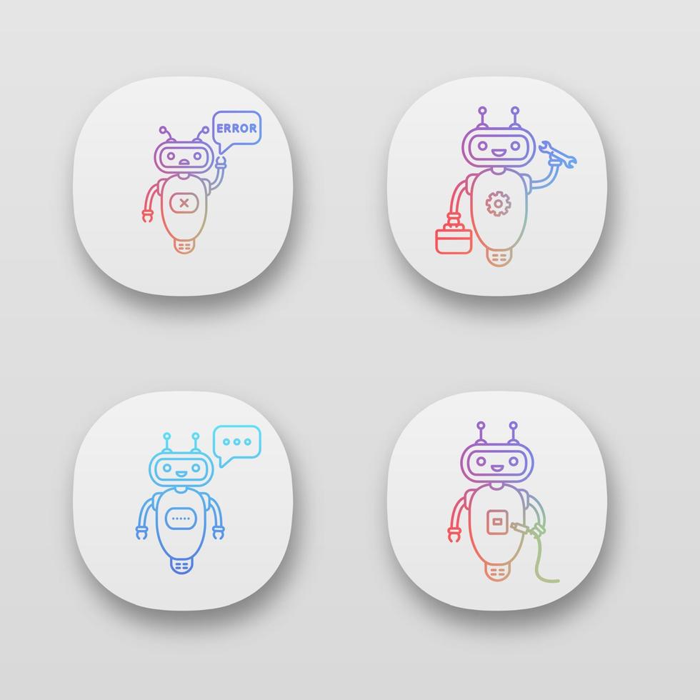 Chatbots app icons set. UI UX user interface. Talkbots. Virtual assistants. Repair, error, USB, typing chat bots. Modern robots. Web or mobile applications. Vector isolated illustrations