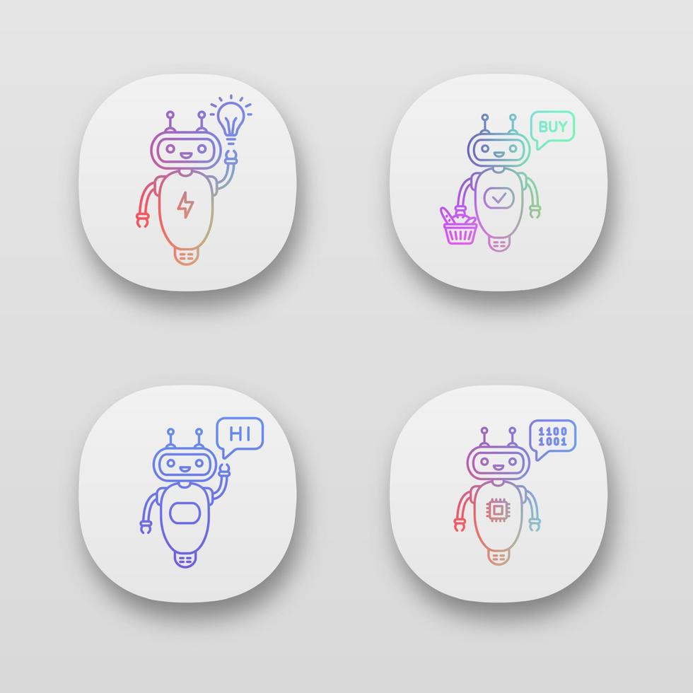 Conjunto de iconos de la aplicación chatbots. interfaz de usuario ui ux. talkbots. asistentes virtuales. nueva idea, compra, hola, codifica bots de chat. robots modernos. aplicaciones web o móviles. ilustraciones vectoriales aisladas vector