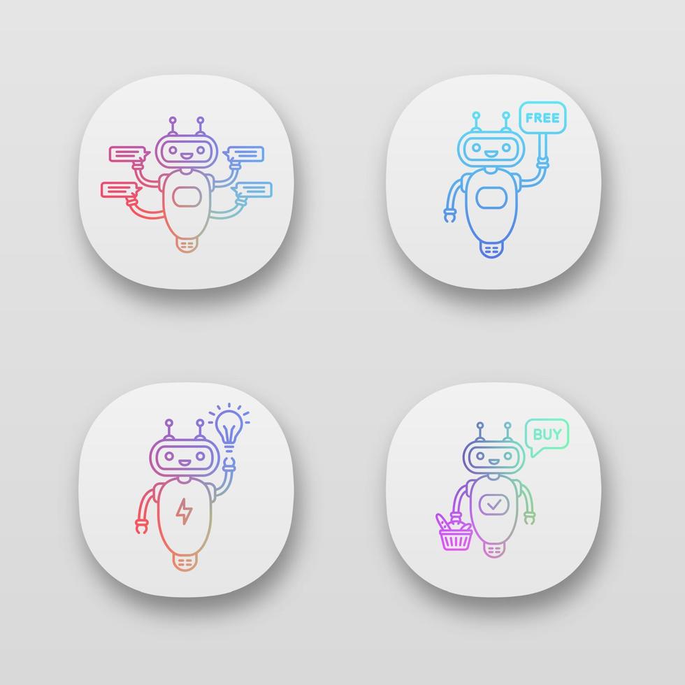 Chatbots app icons set. UI UX user interface. Talkbots. Virtual assistants. Support service, free, new idea, buy chat bots. Modern robots. Web or mobile applications. Vector isolated illustrations