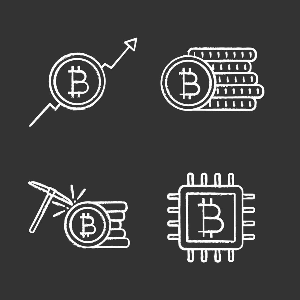 Bitcoin cryptocurrency chalk icons set. Market growth chart, bitcoin coins stack, mining, microchip. Isolated vector chalkboard illustrations