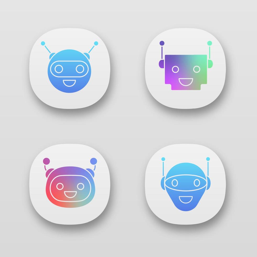 Chatbots app icons set. UI UX user interface. Talkbots. Laughing virtual assistants. Conversational agents. Modern robots. Web or mobile applications. Vector isolated illustrations