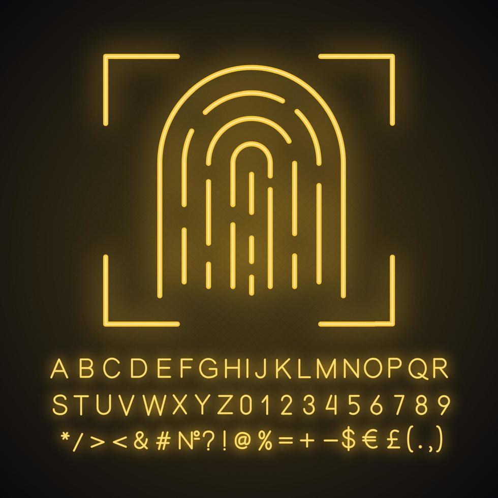 Fingerprint scanning neon light icon. Touch id. Biometric identification. Fingerprint recognition. Glowing sign with alphabet, numbers and symbols. Vector isolated illustration