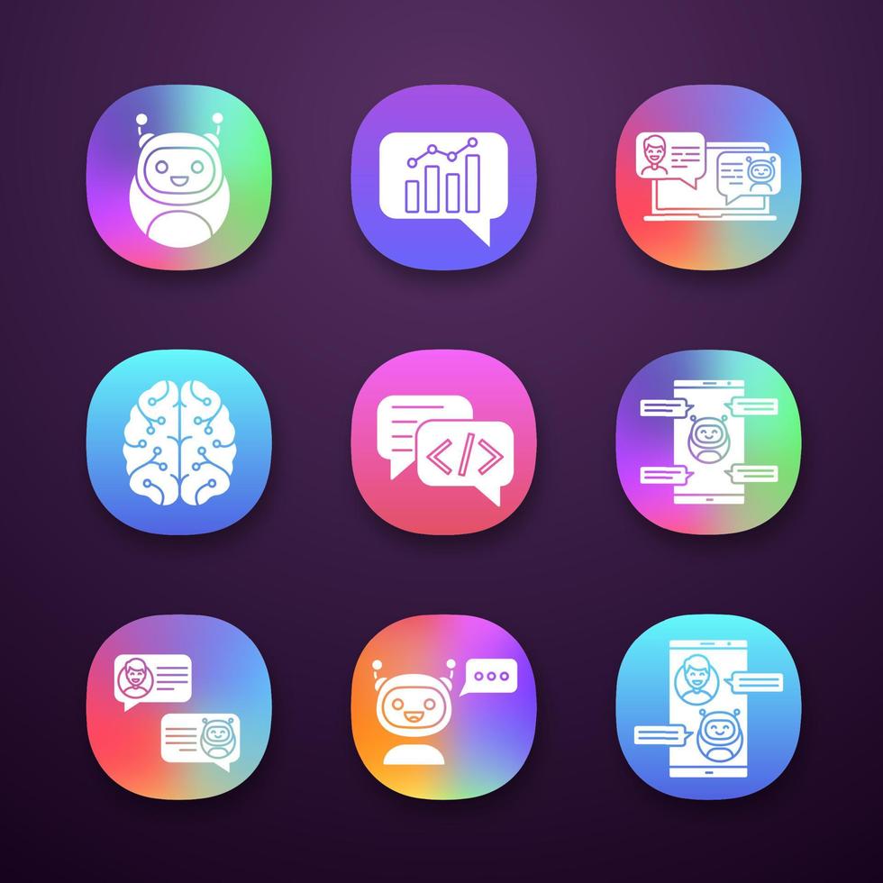 Chatbots app icons set. UI UX user interface. Graph, support, code, messenger, chat bots. Modern robots. Chatterbots. Virtual assistants. Web or mobile applications. Vector isolated illustrations