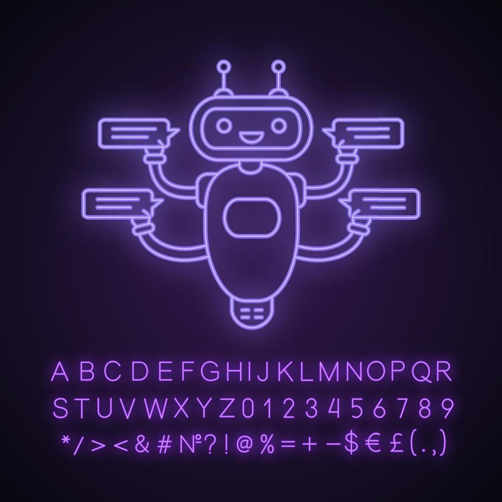 Chatbot with speech bubbles neon light icon. Talkbot chatting to several users. Customer support service. Modern robot. Glowing sign with alphabet, numbers and symbols. Vector isolated illustration