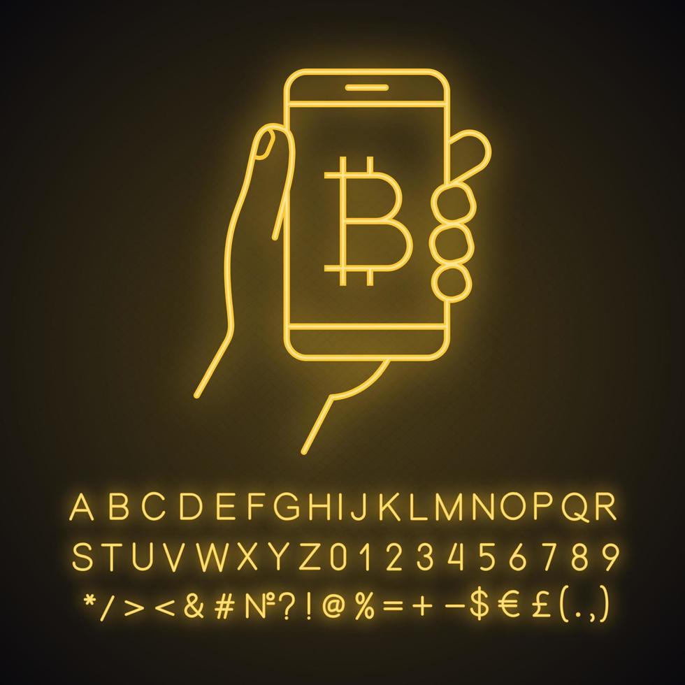 Bitcoin digital wallet neon light icon. E-payment. Cryptocurrency. Glowing sign with alphabet, numbers and symbols. Hand holding smartphone with bitcoin sign. Vector isolated illustration