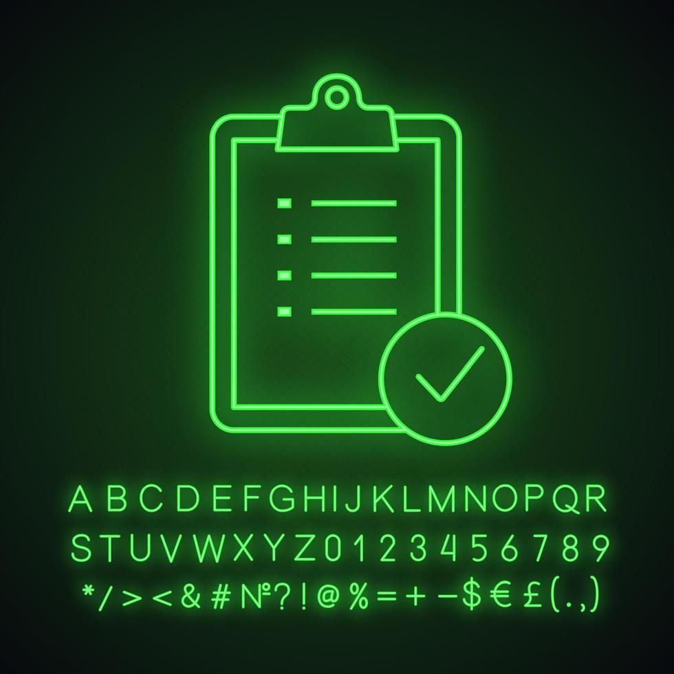 Task planning neon light icon. Checklist. Test, exam. Glowing sign with alphabet, numbers and symbols. To do list. Project management. Tasks list. Vector isolated illustration