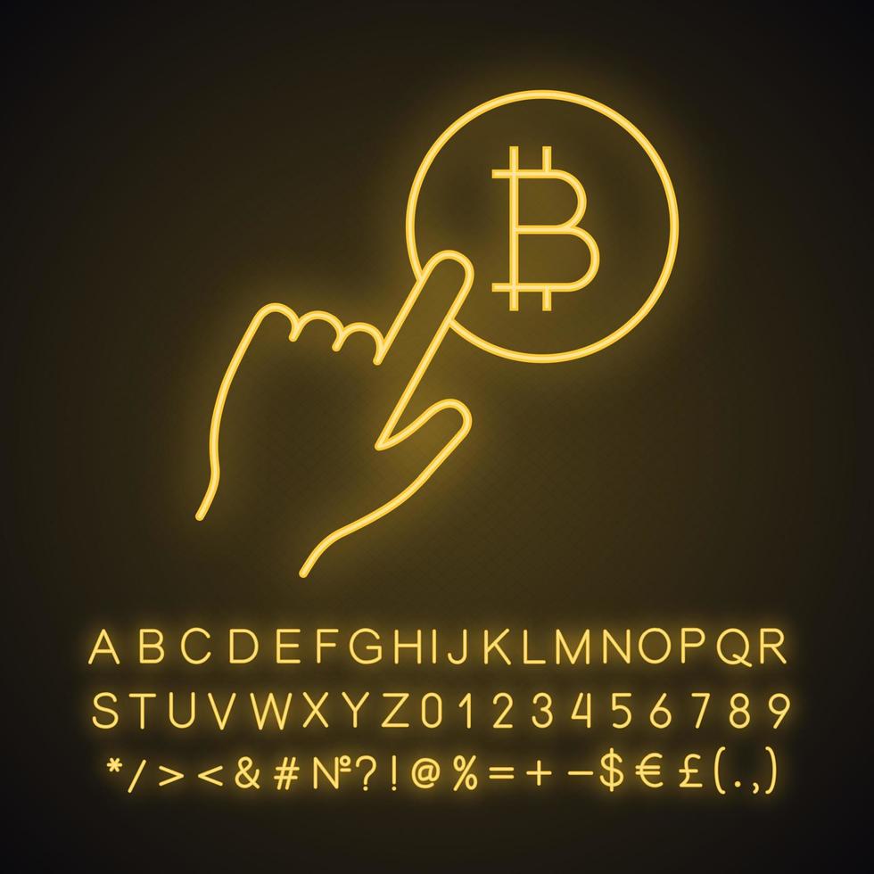 Bitcoin payment button neon light icon. Pay with bitcoin. Cryptocurrency transaction. Glowing sign with alphabet, numbers and symbols. Hand pressing button. E-payment. Vector isolated illustration
