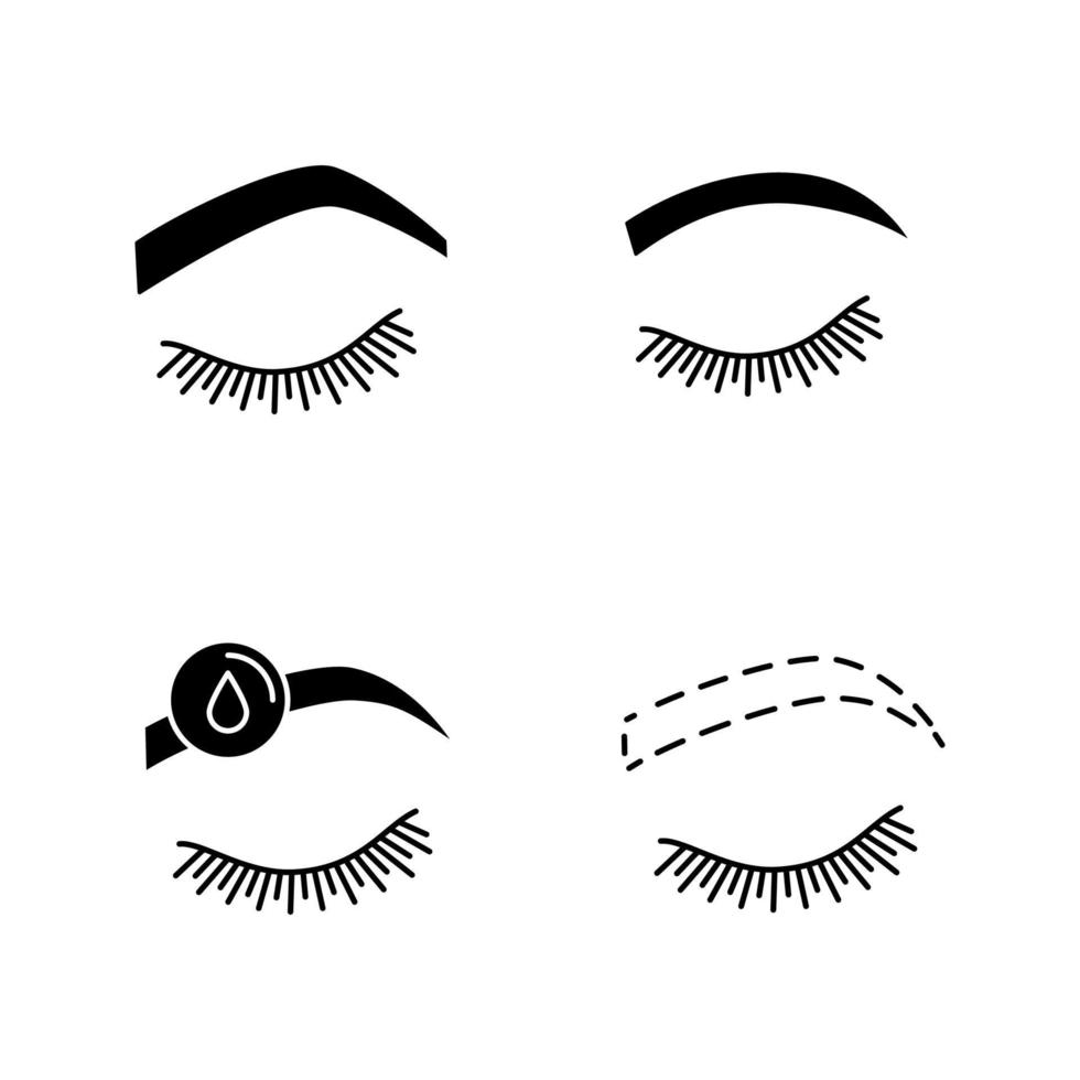 Eyebrows shaping glyph icons set. Steep arched and rounded eyebrows, makeup removal, brows contouring. Silhouette symbols. Vector isolated illustration