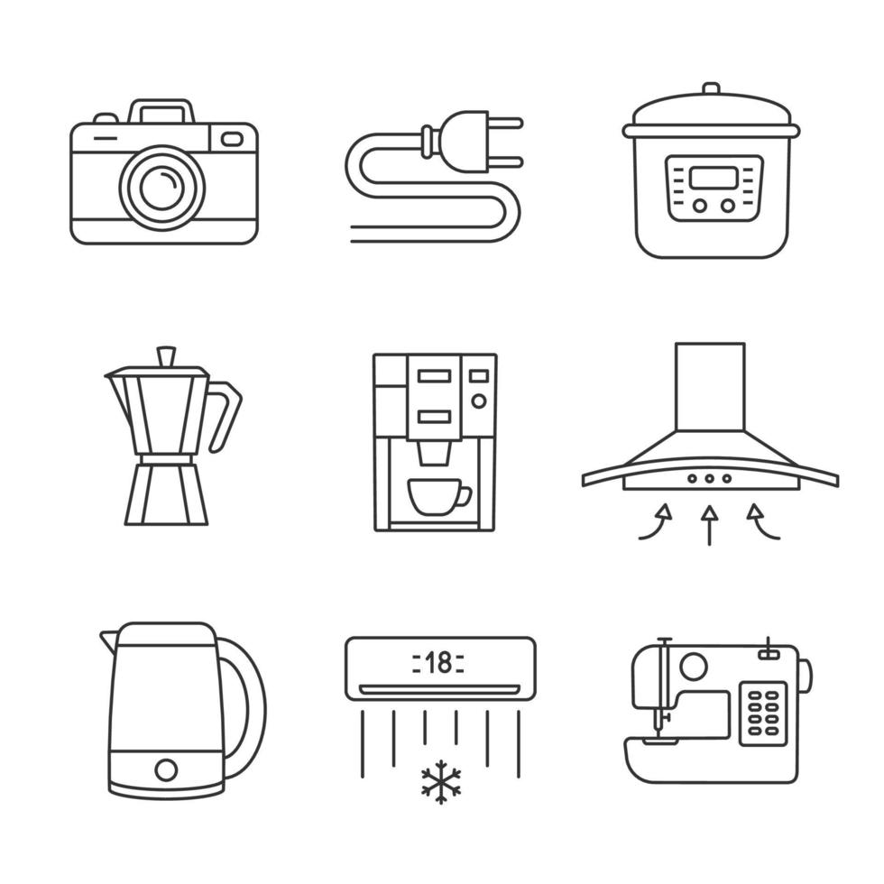 Appliance linear icons set. Photo camera, wire plug, multi cooker, coffee maker, range hood, kettle, coffee machine, air conditioner, sewing machine. Isolated vector illustrations. Editable stroke