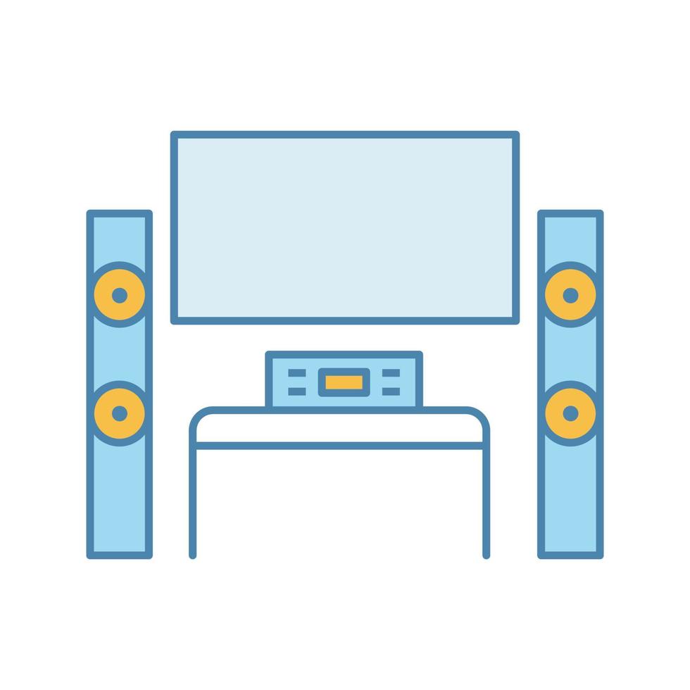 Home theater system with TV color icon. TV set with audio system. Home cinema. Television and loudspeakers. Household appliance. Isolated vector illustration