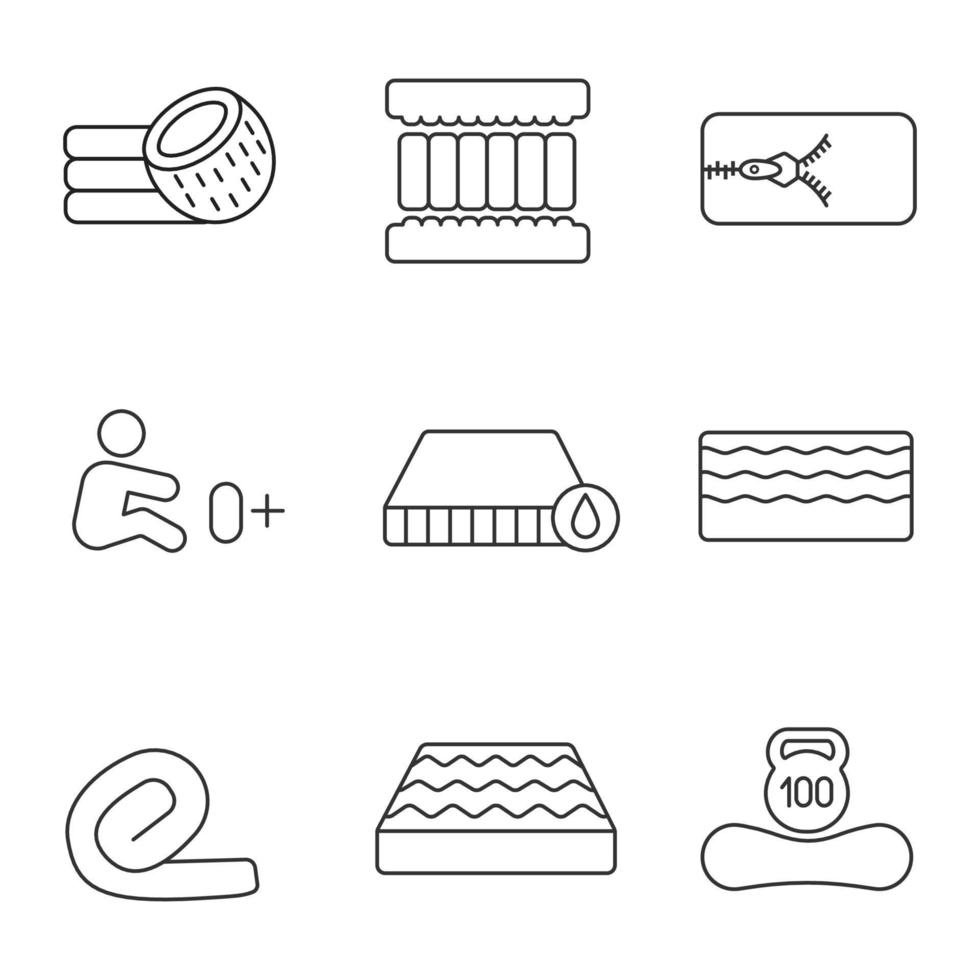 Mattress linear icons set. Coconut fiber, memory foam filler, waterproof, antiallergic, springless, mattresses for newborn, weight limit up to 100 kg. Isolated vector illustrations. Editable stroke