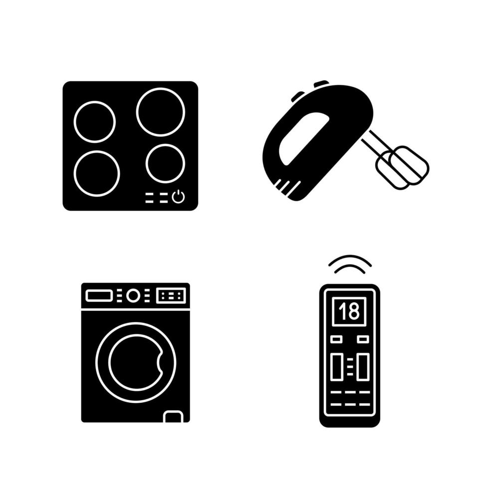 Conjunto de iconos de glifo de electrodomésticos. Placa de inducción eléctrica, batidora de mano, lavadora, aire acondicionado con mando a distancia. símbolos de silueta. vector ilustración aislada