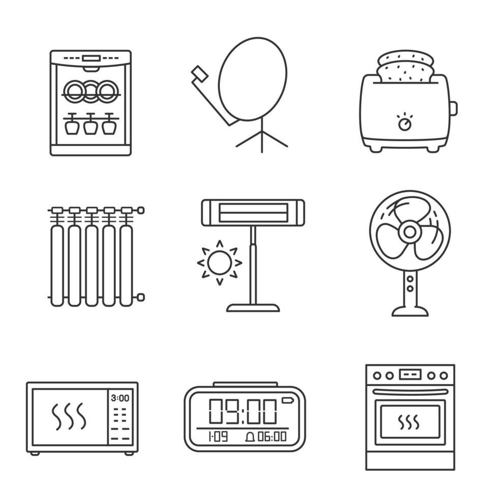 Conjunto de iconos lineales de electrodomésticos. lavavajillas, antena parabólica, tostadora, radiador, calentador de infrarrojos, ventilador, horno microondas, reloj digital, estufa. ilustraciones de contorno de vector aislado. trazo editable