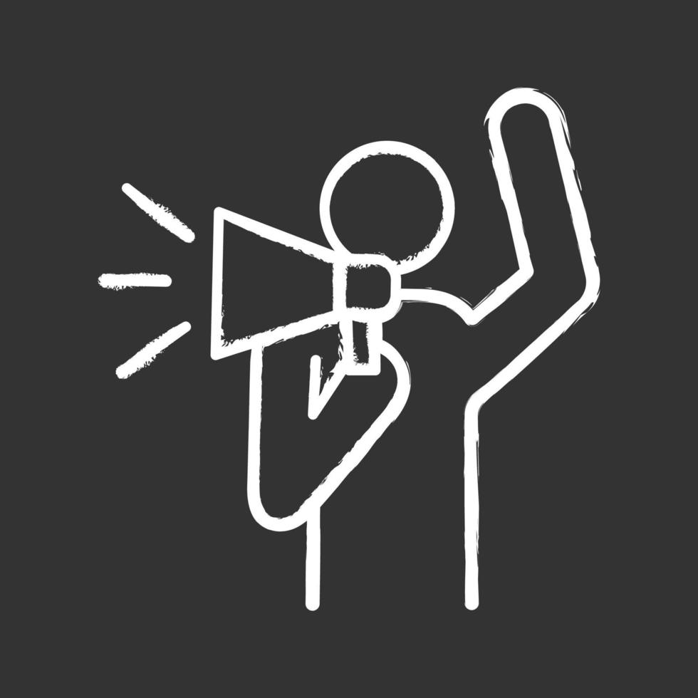 Protester chalk icon. Protest individual action. Breaking news. Protest speech. Man shouting slogans. Person holding megaphone. Isolated vector chalkboard illustration