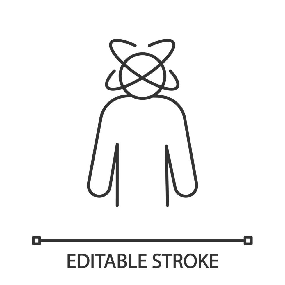 Dizziness linear icon. Person feeling dizzy. Physiological stress symptoms. Thin line illustration. Vertigo, giddiness. Spinning head. Contour symbol. Vector isolated outline drawing. Editable stroke