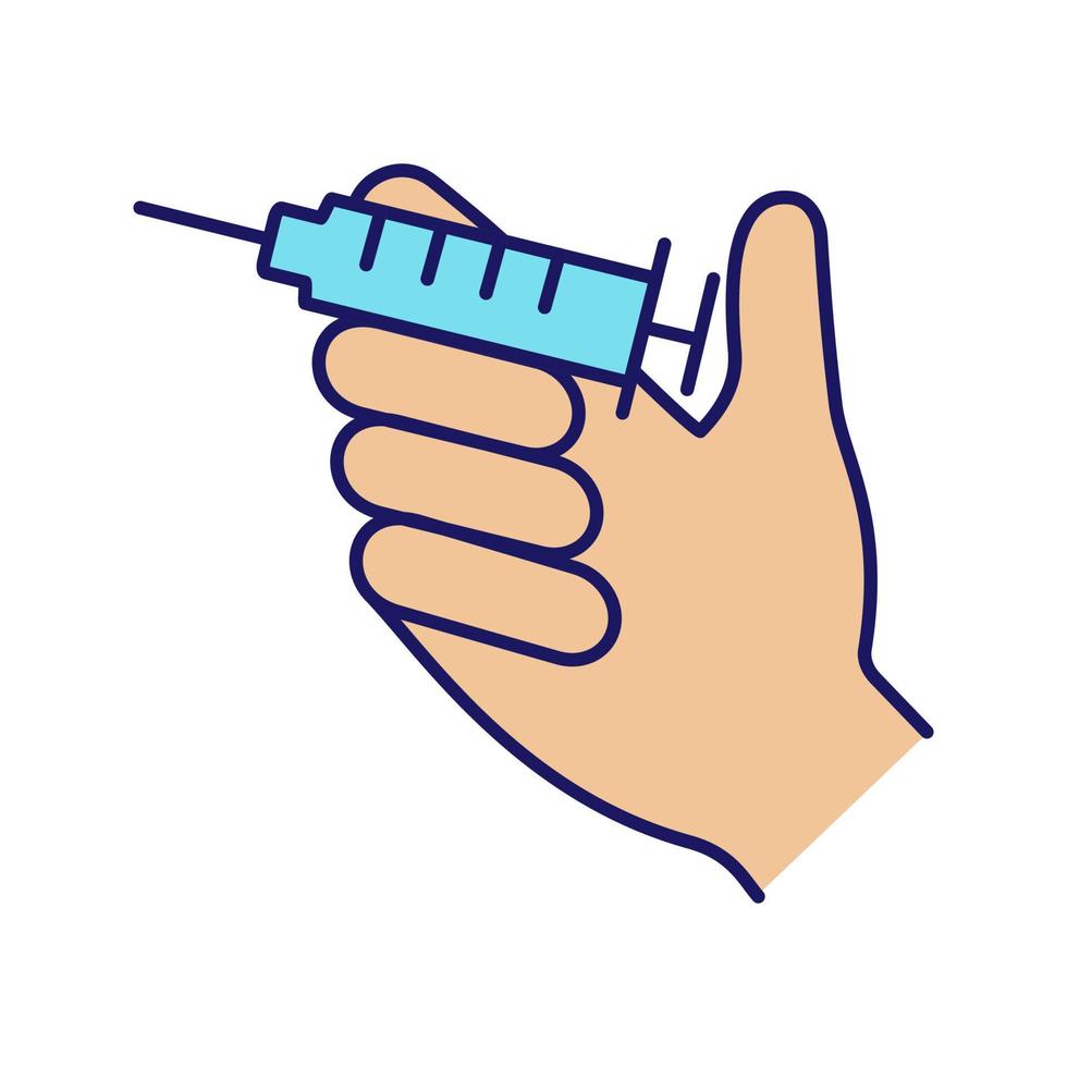 Injection color icon. Hand holding syringe. Doctor s hand. Neurotoxin injection. Vaccination. Treatment. Isolated vector illustration