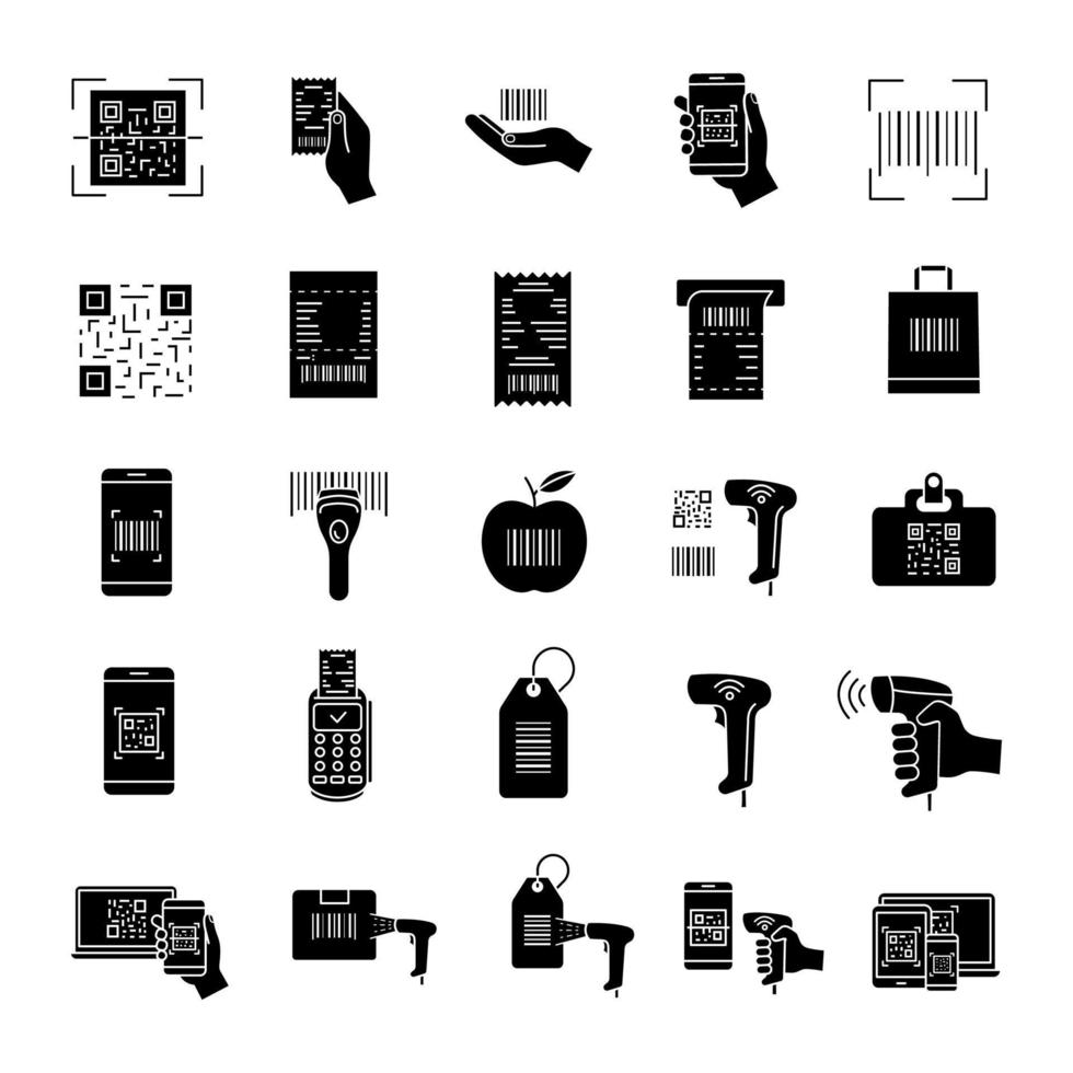Barcodes glyph icons set. Linear, matrix bar codes. Barcodes reading, scanning apps and devices. Using QR codes in retail, inventory control, delivery. Silhouette symbols. Vector isolated illustration