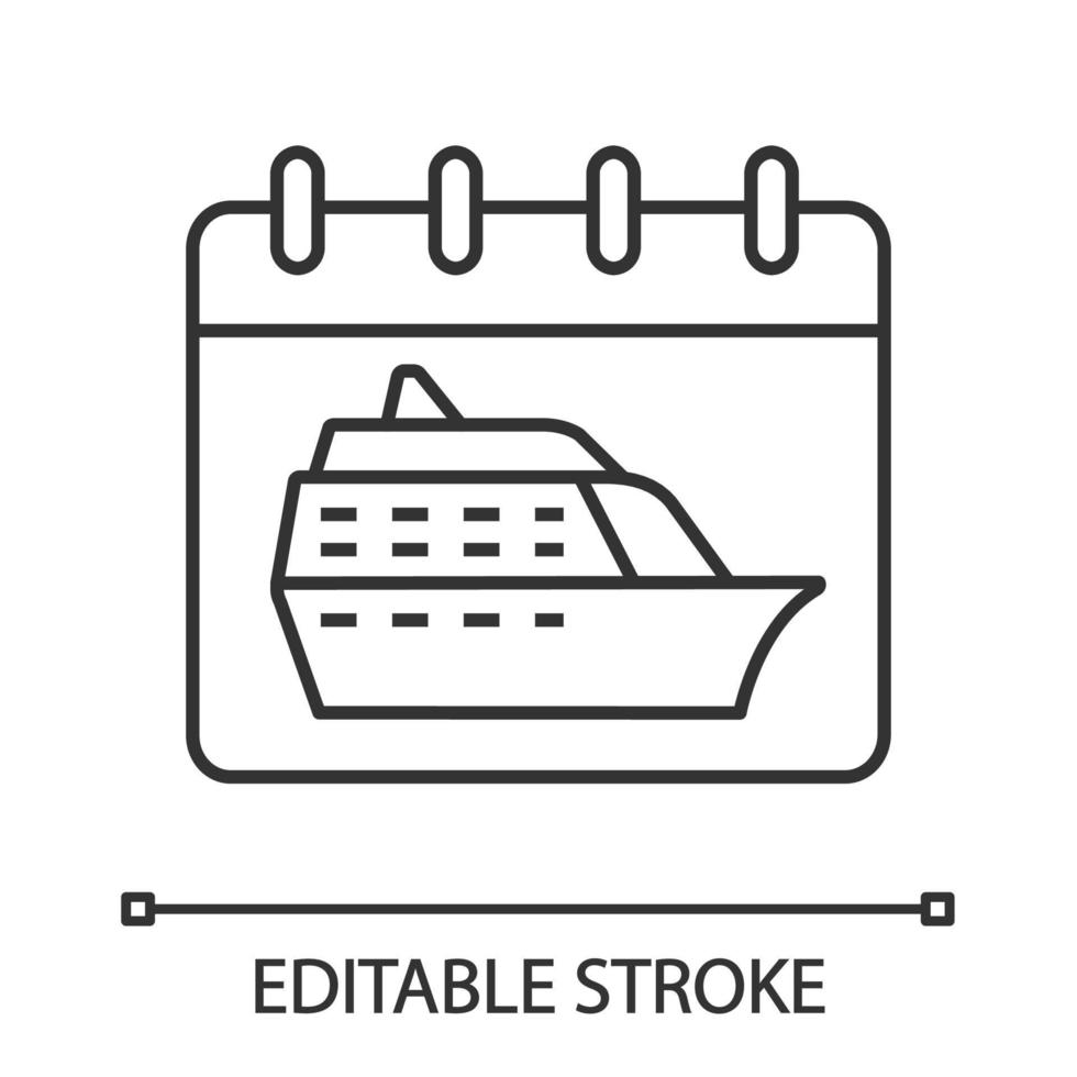 Cruise departure date linear icon. Vacation cruise. Thin line illustration. Calendar page with ship. Travel itinerary. Contour symbol. Vector isolated outline drawing. Editable stroke