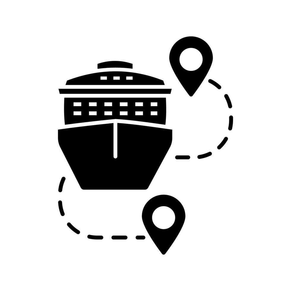 Cruise routes glyph icon. Travel destinations. Cruise liner with map pinpoints. Journey, trip route planner. Travel itinerary. Silhouette symbol. Negative space. Vector isolated illustration