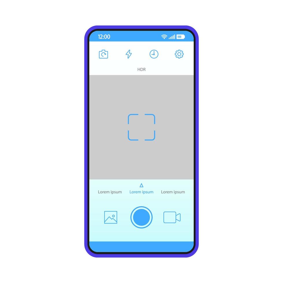 plantilla de vector de interfaz de cámara de teléfono inteligente. interfaz de la aplicación móvil diseño de diseño azul. foto, pantalla de grabación de video. interfaz de usuario plana para la aplicación de selfies en las redes sociales. pantalla del teléfono con visor