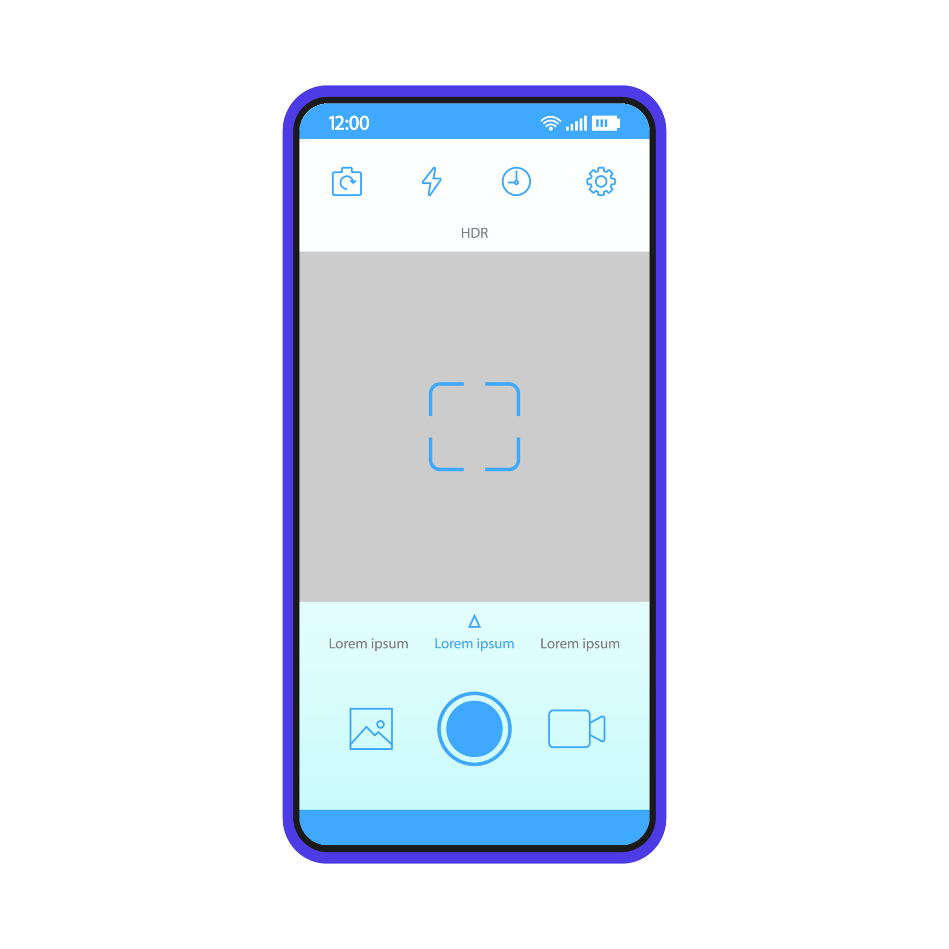 Smartphone camera interface vector template. Mobile app interface blue
