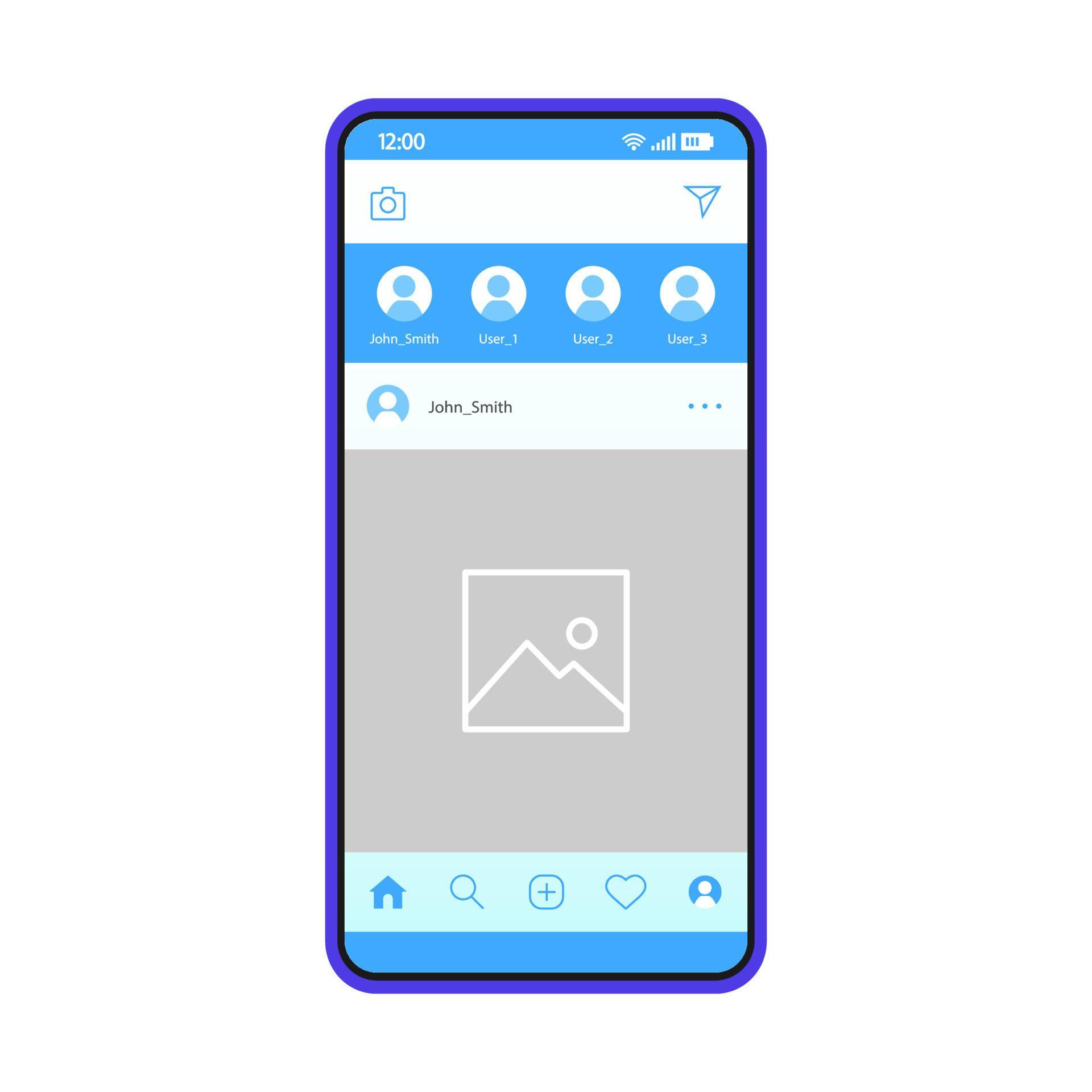 Social media smartphone page vector template. Mobile app interface blue ...