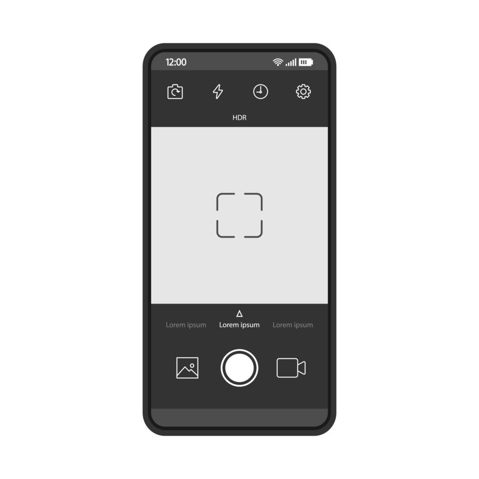 plantilla de vector de interfaz de cámara de teléfono inteligente. Diseño de interfaz de aplicación móvil en negro. foto, pantalla de grabación de video. interfaz de usuario plana para la aplicación de selfies en las redes sociales. pantalla del teléfono con visor