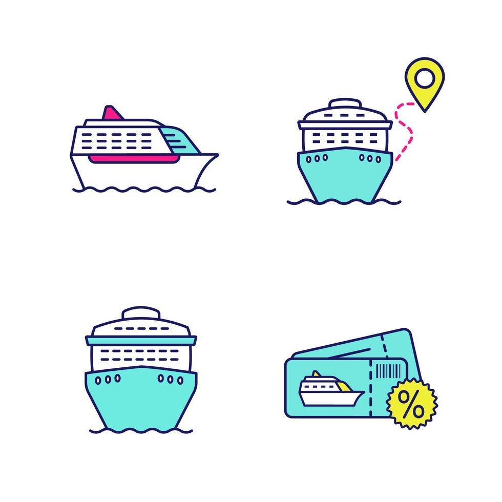 Cruise color icons set. Summer voyage. Travel agency. Cheap cruise deal, trip route, ships in front and side views. Isolated vector illustrations