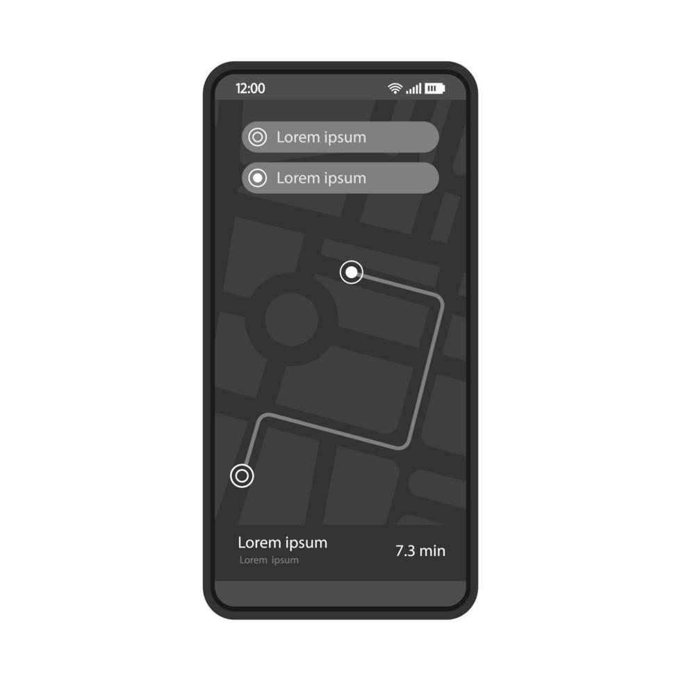 Plantilla de vector de interfaz de aplicación de navegación GPS. diseño de página de aplicaciones móviles. dirección de conducción. pantalla de búsqueda de ruta. ui plana. elegir destino Pantalla del teléfono con mapa digital y puntos