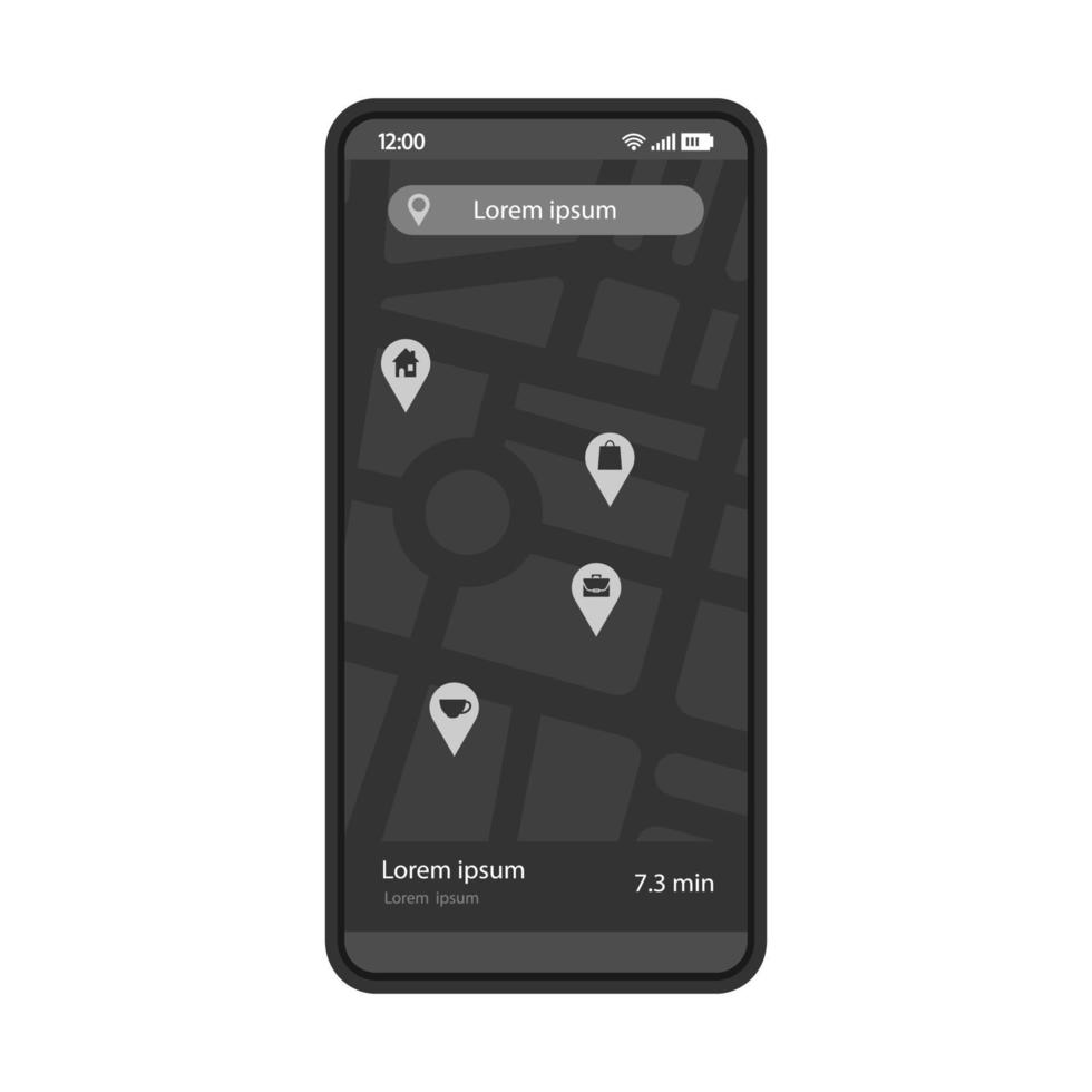 GPS navigation app interface vector template. Mobile application page black design layout. Route searching screen. Flat UI. Choosing destination. Phone display with digital map and pinpoints