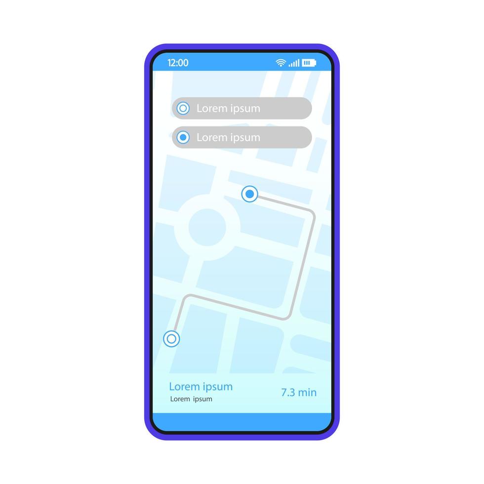 Plantilla de vector de interfaz de aplicación de navegación GPS. diseño de página de aplicaciones móviles. dirección de conducción. pantalla de búsqueda de ruta. ui plana. elegir destino Pantalla del teléfono con mapa digital y puntos