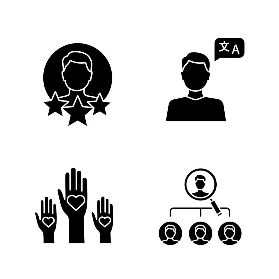 Resume glyph icons set. Professional experience, language skill, volunteering, headhunting. Silhouette symbols. Vector isolated illustration