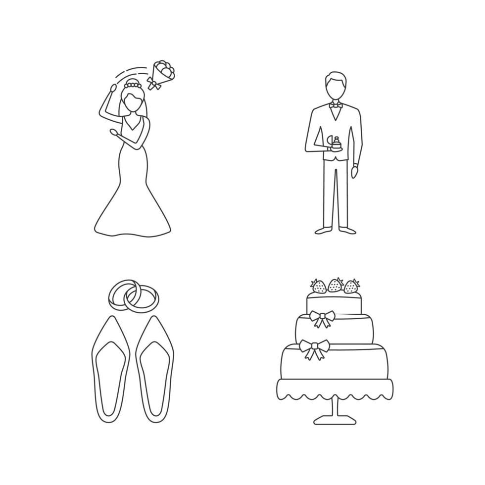 Wedding planning linear icons set. Bridegroom throwing bouquet, bridegroom, wedding accessories, engagement cake. Thin line contour symbols. Isolated vector outline illustrations. Editable stroke