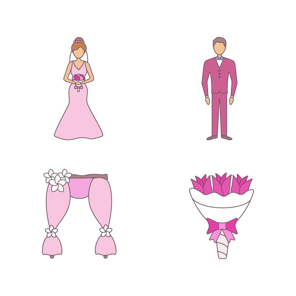 Conjunto de iconos de colores de planificación de bodas. novia y novio, arco floral de boda, ramo. ilustraciones vectoriales aisladas vector