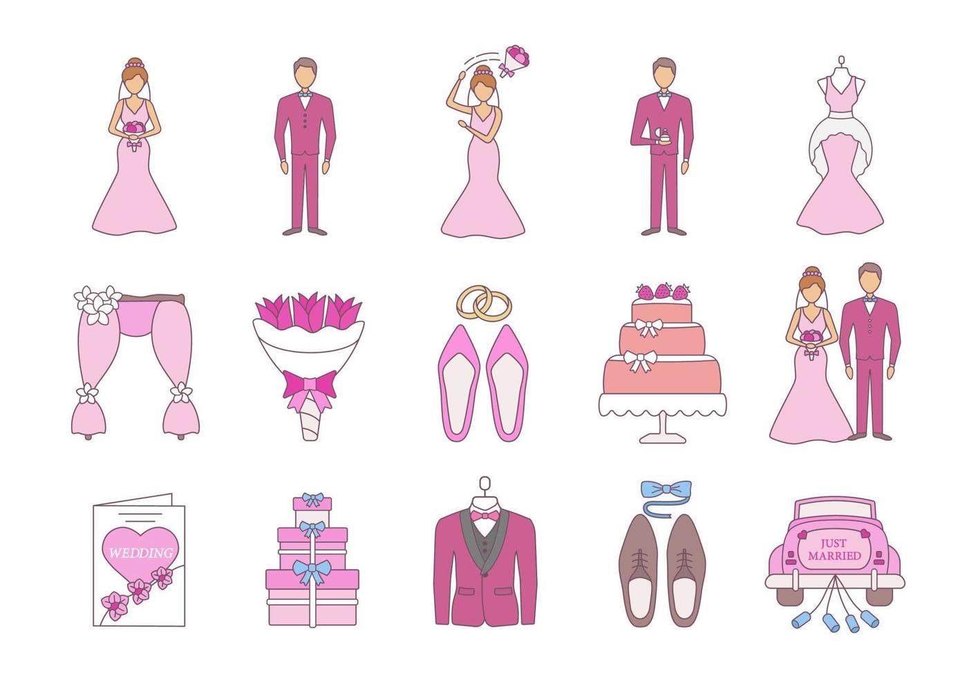 Conjunto de iconos de colores de planificación de bodas. vestido de novia, complementos, carro, ramos. servicios de agencia de bodas. compromiso. ilustraciones vectoriales aisladas vector