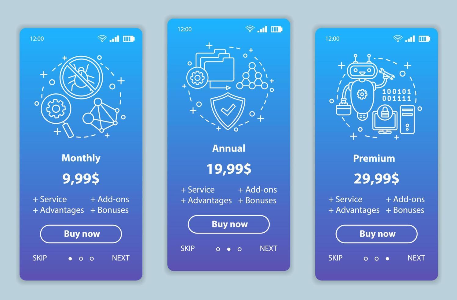 Antivirus subscription onboarding mobile app screens with service prices. Walkthrough website pages templates. Anti virus software tariff plans steps. Smartphone payment web page layout vector
