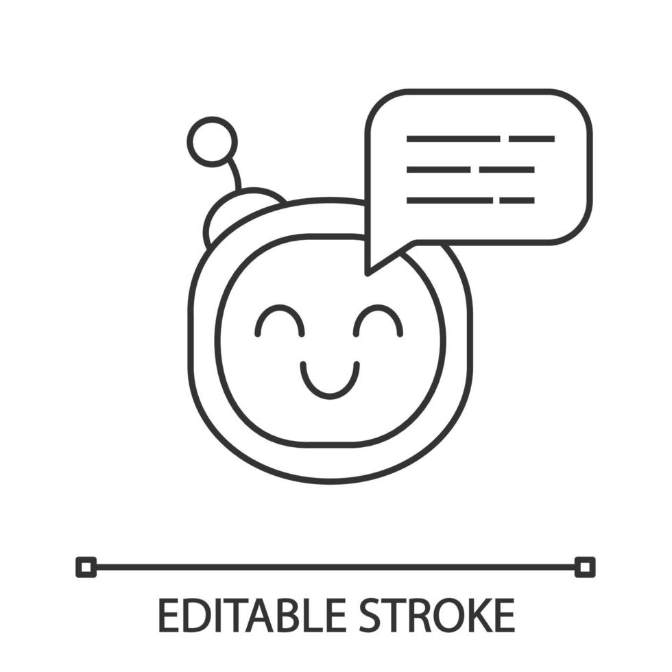 Chatbot message linear icon. Talkbot. Circle head laughing chat bot. Thin line illustration. Modern robot. Virtual assistant. Conversational agent. Contour vector isolated drawing. Editable stroke